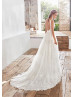 V Neck Ivory Floral Lace Tulle Simple Wedding Dress